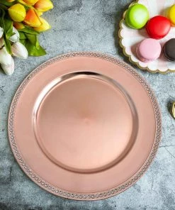 HIER_4700 6 Pack | 13" Blush/Rose Gold Round Acrylic Charger Plates With Rhinestones Disposable Dinnerware