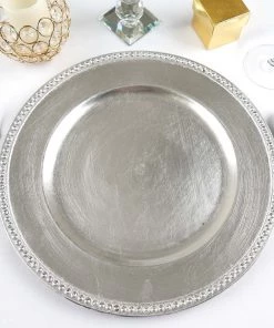 HIER_4700 Disposable Dinnerware 6 Pack | 13" Shiny Silver Round Acrylic Charger Plates With Rhinestones