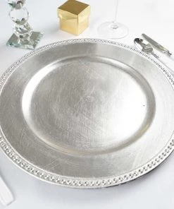 HIER_4700 Disposable Dinnerware 6 Pack | 13" Shiny Silver Round Acrylic Charger Plates With Rhinestones