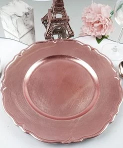 HIER_4700 6 Pack | 13" Metallic Blush/Rose Gold Scalloped Edge Hard Acrylic Charger Plates