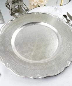 HIER_4700 6 Pack | 13" Metallic Silver Scalloped Edge Hard Acrylic Charger Plates