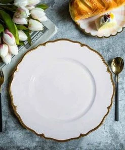 HIER_4710 6 Pack | 13" White/Gold Scalloped Edge Hard Acrylic Charger Plates Disposable Dinnerware