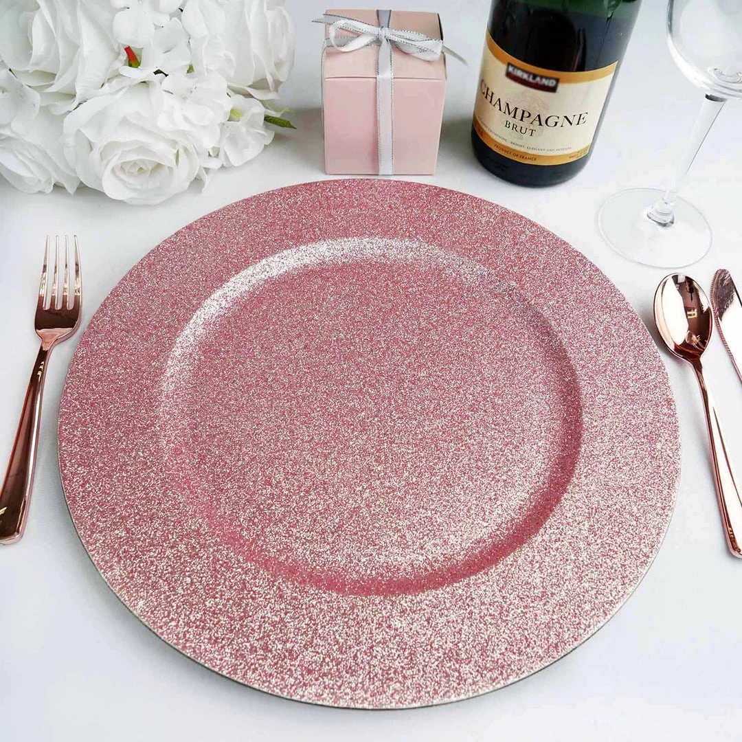 HIER_4700 Disposable Dinnerware 6 Pack | 13" Rose Gold Glitter Acrylic Plastic Round Charger Plates, Glam Table Decor 1 HIER_4700 Disposable Dinnerware 6 Pack | 13" Rose Gold Glitter Acrylic Plastic Round Charger Plates, Glam Table Decor
