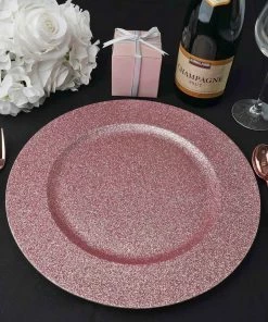 HIER_4700 Disposable Dinnerware 6 Pack | 13" Rose Gold Glitter Acrylic Plastic Round Charger Plates, Glam Table Decor
