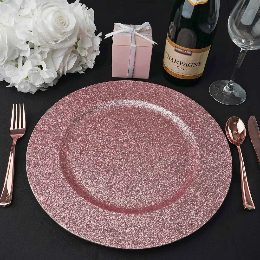 HIER_4700 Disposable Dinnerware 6 Pack | 13" Rose Gold Glitter Acrylic Plastic Round Charger Plates, Glam Table Decor 2 HIER_4700 Disposable Dinnerware 6 Pack | 13" Rose Gold Glitter Acrylic Plastic Round Charger Plates, Glam Table Decor