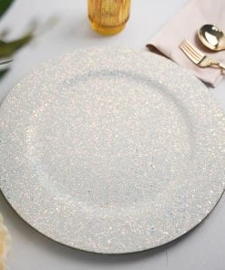 HIER_4710 6 Pack | 13" Iridescent Blue Glitter Acrylic Plastic Round Charger Plates, Glam Table Decor Disposable Dinnerware