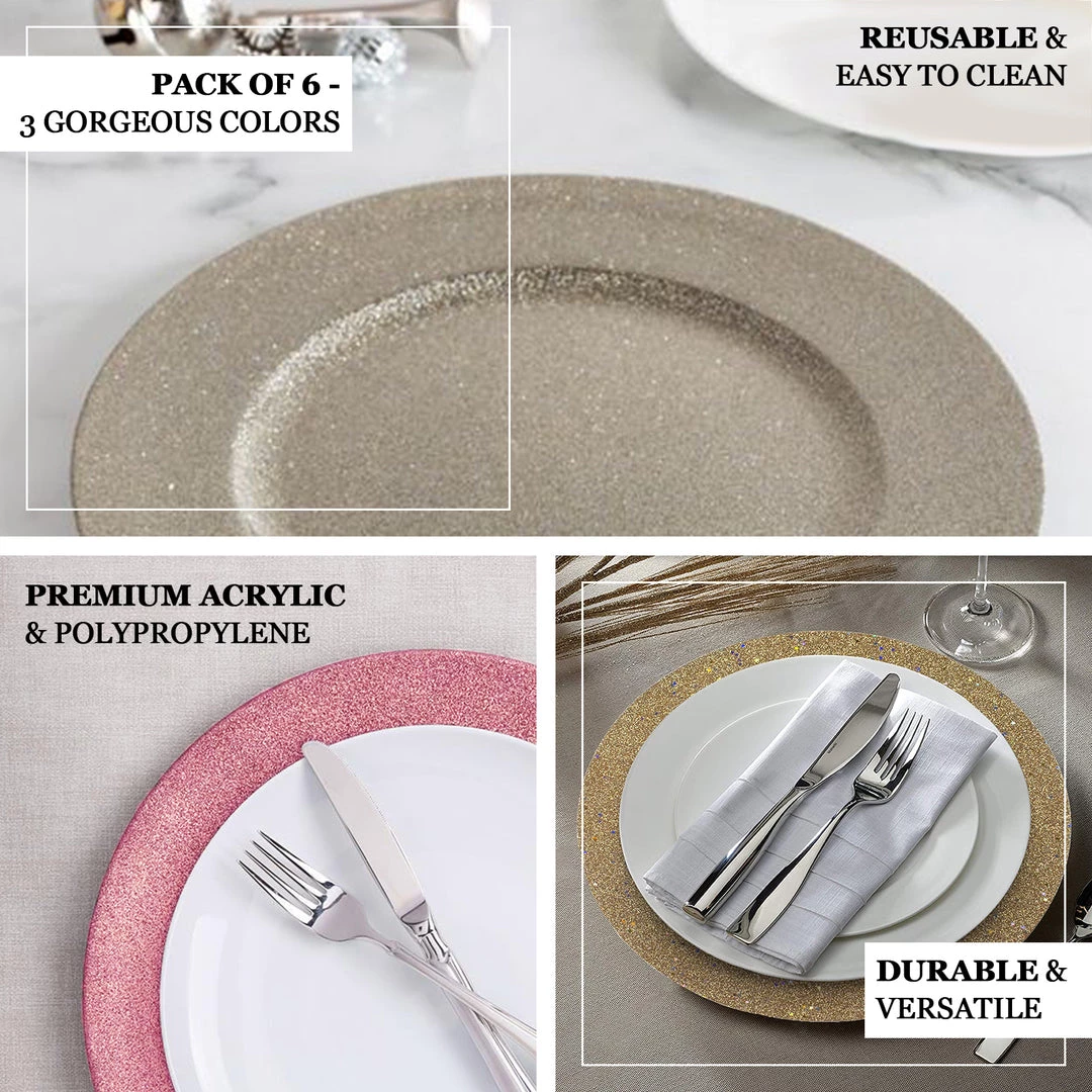 HIER_4700 6 Pack | 13" Silver Glitter Acrylic Plastic Round Charger Plates, Glam Table Decor 4 HIER_4700 6 Pack | 13" Silver Glitter Acrylic Plastic Round Charger Plates, Glam Table Decor