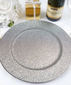 HIER_4700 6 Pack | 13" Silver Glitter Acrylic Plastic Round Charger Plates, Glam Table Decor