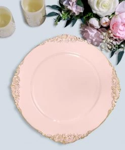 HIER_4710 6 Pack | 13" Blush Leaf Embossed Baroque Charger Plates, Round With Antique Gold Rim