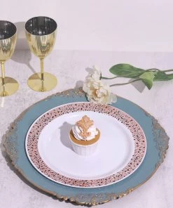 HIER_4710 6 Pack | 13" Dusty Blue Leaf Embossed Baroque Charger Plates, Round With Antique Gold Rim Disposable Dinnerware
