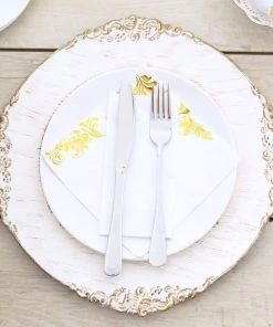 HIER_4710 Disposable Dinnerware 6 Pack | 13" Antique White Leaf Embossed Baroque Acrylic Round Charger Plates, Vintage White Wash Charger With Gold Rim