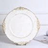 HIER_4710 Disposable Dinnerware 6 Pack | 13" Antique White Leaf Embossed Baroque Acrylic Round Charger Plates, Vintage White Wash Charger With Gold Rim