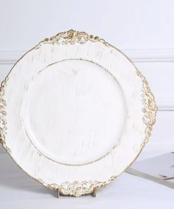 HIER_4710 Disposable Dinnerware 6 Pack | 13" Antique White Leaf Embossed Baroque Acrylic Round Charger Plates, Vintage White Wash Charger With Gold Rim