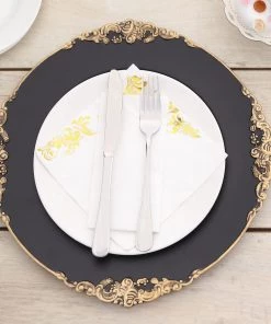 HIER_4710 6 Pack | 13" Matte Black Leaf Embossed Baroque Charger Plates, Round With Antique Gold Rim