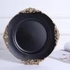 HIER_4710 6 Pack | 13" Matte Black Leaf Embossed Baroque Charger Plates, Round With Antique Gold Rim
