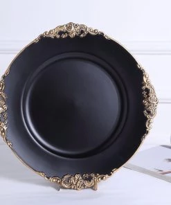 HIER_4710 6 Pack | 13" Matte Black Leaf Embossed Baroque Charger Plates, Round With Antique Gold Rim