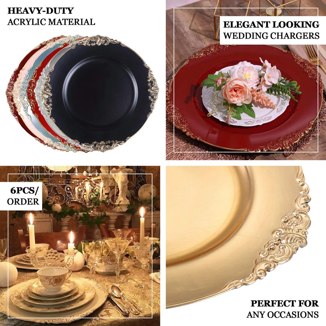 HIER_4700 Disposable Dinnerware 6 Pack | 13" Rose Gold Leaf Embossed Baroque Charger Plates, Round With Antique Gold Rim 4 HIER_4700 Disposable Dinnerware 6 Pack | 13" Rose Gold Leaf Embossed Baroque Charger Plates, Round With Antique Gold Rim