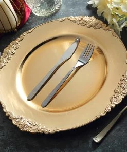 HIER_4700 Disposable Dinnerware 6 Pack | 13" Gold Leaf Embossed Baroque Charger Plates, Round With Antique Gold Rim