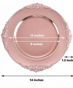 HIER_4700 Disposable Dinnerware 6 Pack | 13" Rose Gold Leaf Embossed Baroque Charger Plates, Round With Antique Gold Rim 14 HIER_4700 Disposable Dinnerware 6 Pack | 13