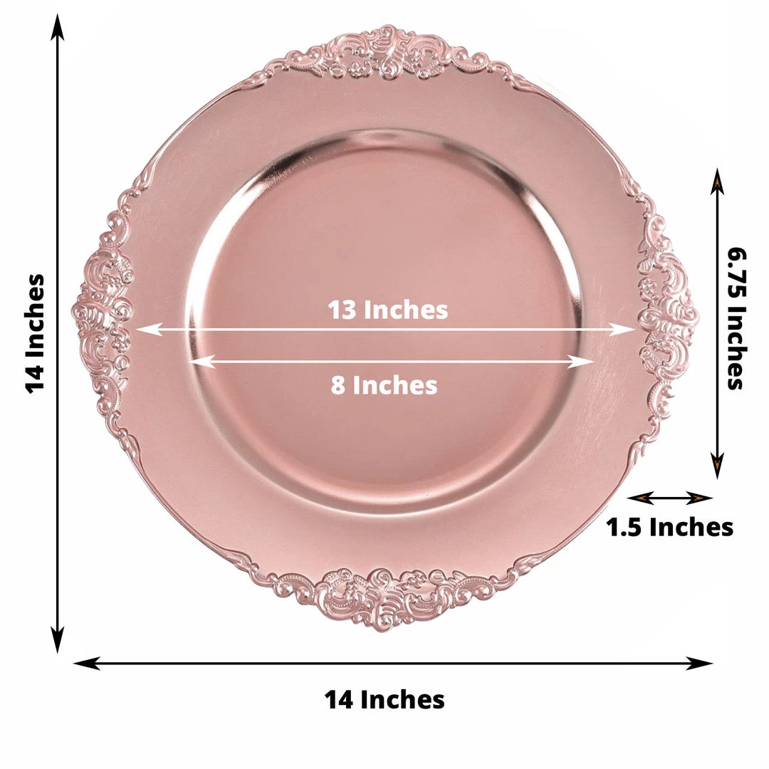 HIER_4700 Disposable Dinnerware 6 Pack | 13" Rose Gold Leaf Embossed Baroque Charger Plates, Round With Antique Gold Rim 3 HIER_4700 Disposable Dinnerware 6 Pack | 13" Rose Gold Leaf Embossed Baroque Charger Plates, Round With Antique Gold Rim