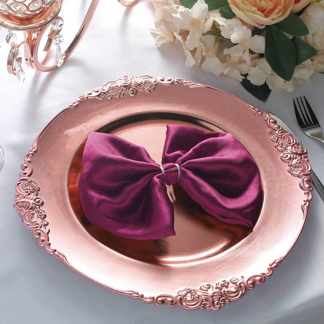 HIER_4700 Disposable Dinnerware 6 Pack | 13" Rose Gold Leaf Embossed Baroque Charger Plates, Round With Antique Gold Rim 9 HIER_4700 Disposable Dinnerware 6 Pack | 13" Rose Gold Leaf Embossed Baroque Charger Plates, Round With Antique Gold Rim