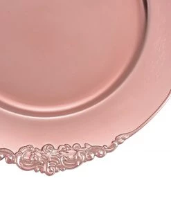 HIER_4700 Disposable Dinnerware 6 Pack | 13" Rose Gold Leaf Embossed Baroque Charger Plates, Round With Antique Gold Rim 21 HIER_4700 Disposable Dinnerware 6 Pack | 13