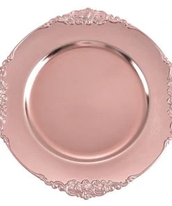 HIER_4700 Disposable Dinnerware 6 Pack | 13" Rose Gold Leaf Embossed Baroque Charger Plates, Round With Antique Gold Rim 23 HIER_4700 Disposable Dinnerware 6 Pack | 13