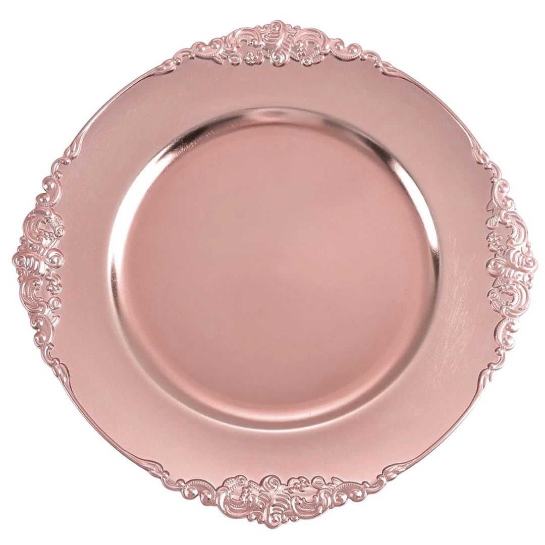 HIER_4700 Disposable Dinnerware 6 Pack | 13" Rose Gold Leaf Embossed Baroque Charger Plates, Round With Antique Gold Rim 12 HIER_4700 Disposable Dinnerware 6 Pack | 13" Rose Gold Leaf Embossed Baroque Charger Plates, Round With Antique Gold Rim