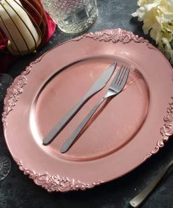 HIER_4700 Disposable Dinnerware 6 Pack | 13" Rose Gold Leaf Embossed Baroque Charger Plates, Round With Antique Gold Rim 17 HIER_4700 Disposable Dinnerware 6 Pack | 13