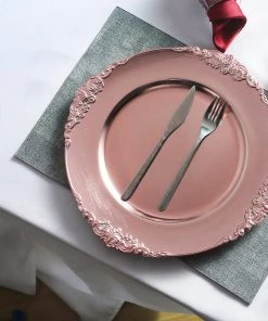 HIER_4700 Disposable Dinnerware 6 Pack | 13" Rose Gold Leaf Embossed Baroque Charger Plates, Round With Antique Gold Rim