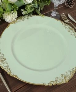 HIER_4710 6 Pack | Sage Green 13" Leaf Embossed Baroque Charger Plates, Round With Antique Gold Rim Disposable Dinnerware