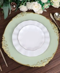 HIER_4710 6 Pack | Sage Green 13" Leaf Embossed Baroque Charger Plates, Round With Antique Gold Rim Disposable Dinnerware