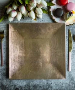 HIER_4700 6 Pack | 12" Metallic Gold Square Rim Acrylic Charger Plates, Modern/Glam Table Decor Disposable Dinnerware