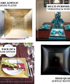 HIER_4710 6 Pack | 12" Blush/Rose Gold Square Rim Acrylic Charger Plates, Modern/Glam Table Decor Disposable Dinnerware 17 HIER_4710 6 Pack | 12