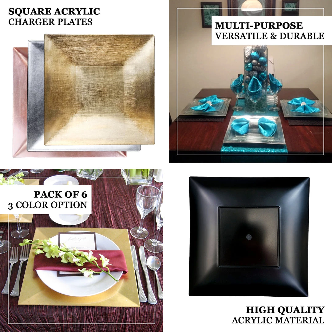 HIER_4710 6 Pack | 12" Blush/Rose Gold Square Rim Acrylic Charger Plates, Modern/Glam Table Decor Disposable Dinnerware 4 HIER_4710 6 Pack | 12" Blush/Rose Gold Square Rim Acrylic Charger Plates, Modern/Glam Table Decor Disposable Dinnerware
