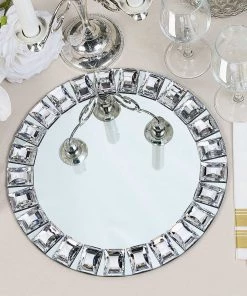 HIER_4710 2 Pack | 13" Silver Jeweled Rim Premium Glass Mirror Charger Plates Disposable Dinnerware