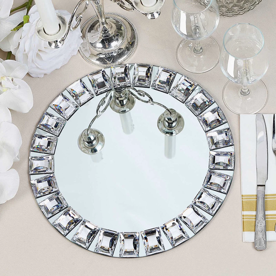 HIER_4710 2 Pack | 13" Silver Jeweled Rim Premium Glass Mirror Charger Plates Disposable Dinnerware 1 HIER_4710 2 Pack | 13" Silver Jeweled Rim Premium Glass Mirror Charger Plates Disposable Dinnerware