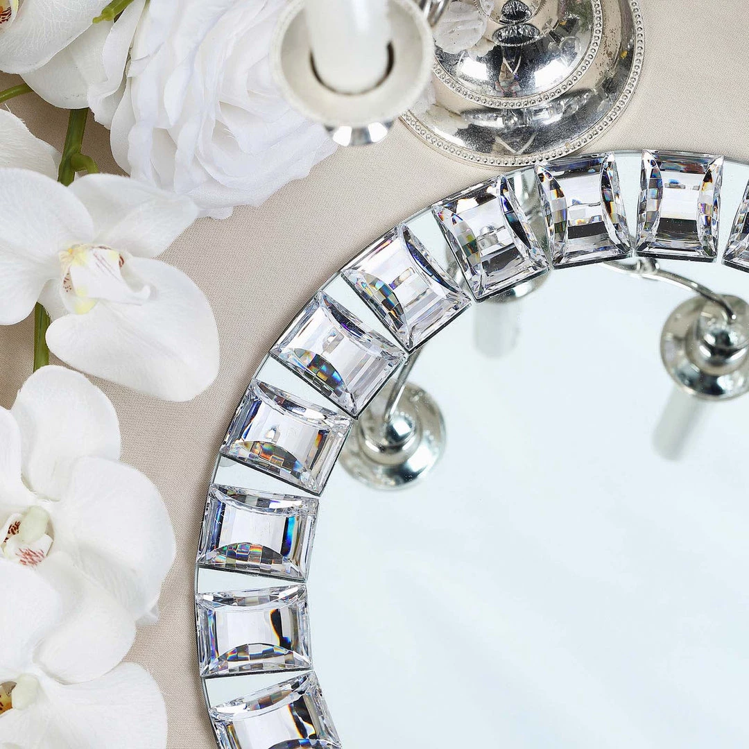 HIER_4710 2 Pack | 13" Silver Jeweled Rim Premium Glass Mirror Charger Plates Disposable Dinnerware 2 HIER_4710 2 Pack | 13" Silver Jeweled Rim Premium Glass Mirror Charger Plates Disposable Dinnerware