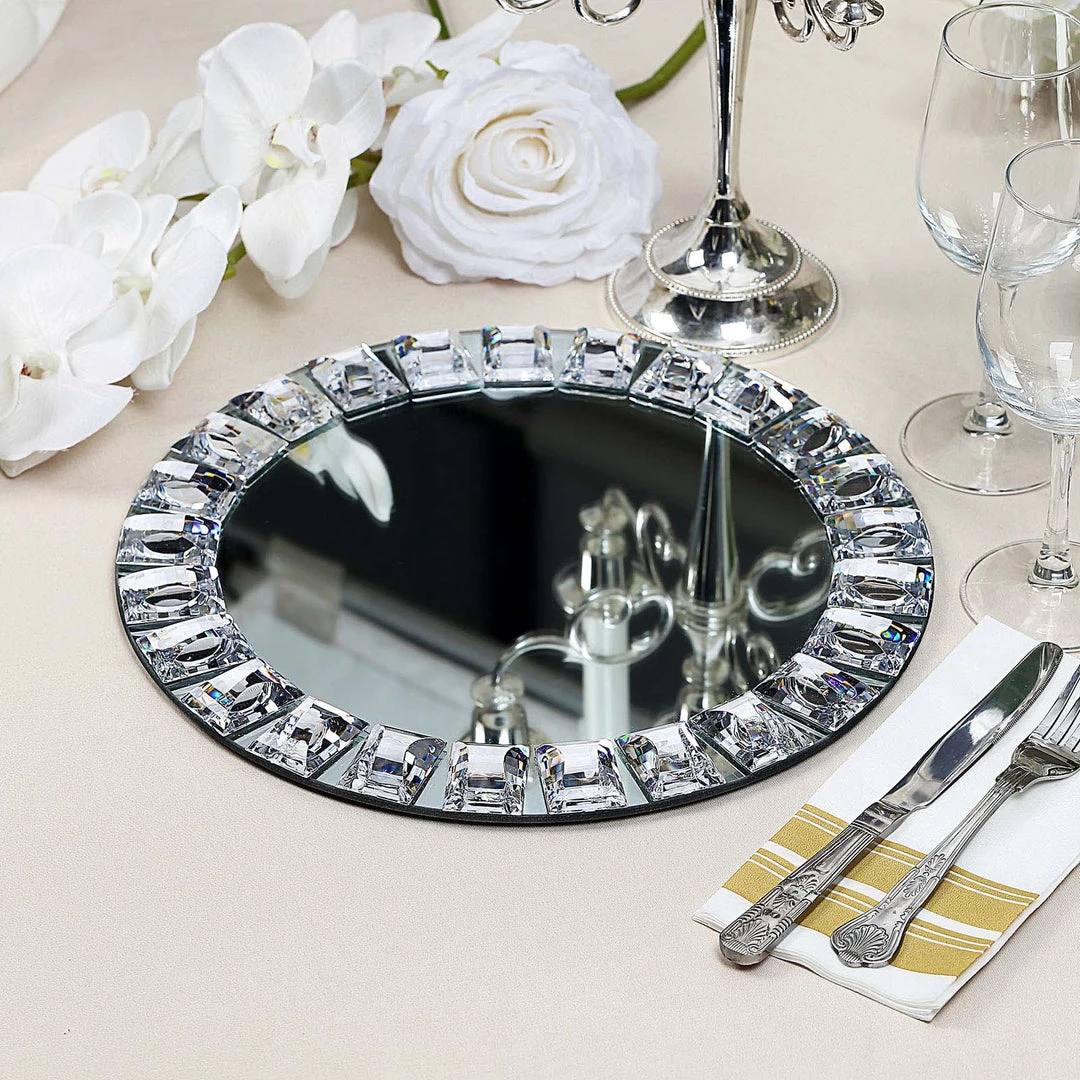 HIER_4710 2 Pack | 13" Silver Jeweled Rim Premium Glass Mirror Charger Plates Disposable Dinnerware 7 HIER_4710 2 Pack | 13" Silver Jeweled Rim Premium Glass Mirror Charger Plates Disposable Dinnerware