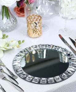 HIER_4710 2 Pack | 13" Silver Jeweled Rim Premium Glass Mirror Charger Plates Disposable Dinnerware 18 HIER_4710 2 Pack | 13