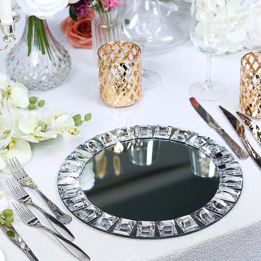 HIER_4710 2 Pack | 13" Silver Jeweled Rim Premium Glass Mirror Charger Plates Disposable Dinnerware 6 HIER_4710 2 Pack | 13" Silver Jeweled Rim Premium Glass Mirror Charger Plates Disposable Dinnerware
