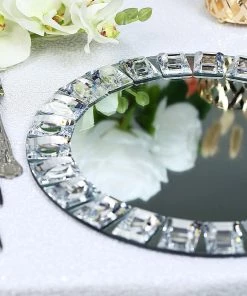 HIER_4710 2 Pack | 13" Silver Jeweled Rim Premium Glass Mirror Charger Plates Disposable Dinnerware 20 HIER_4710 2 Pack | 13