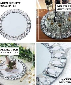 HIER_4710 2 Pack | 13" Silver Jeweled Rim Premium Glass Mirror Charger Plates Disposable Dinnerware 16 HIER_4710 2 Pack | 13
