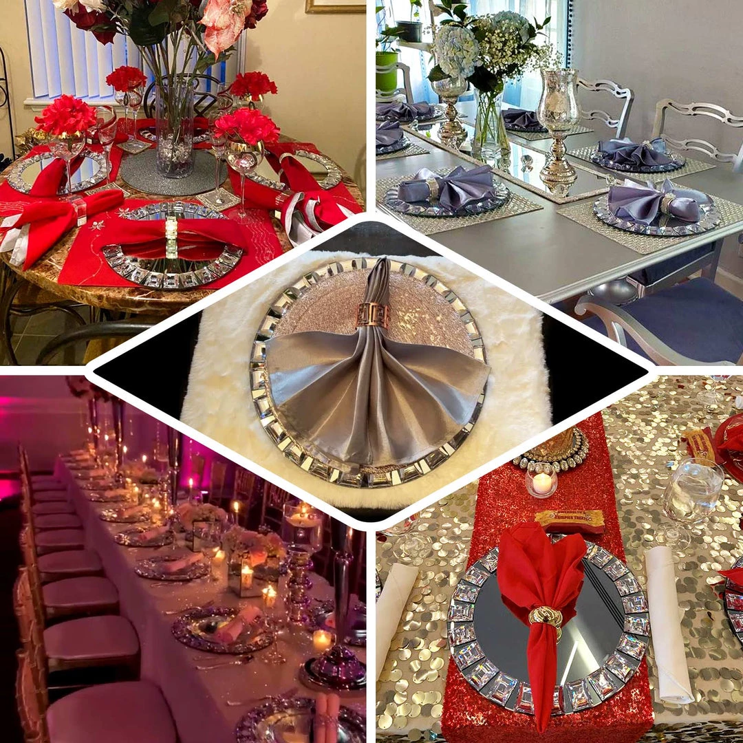 HIER_4710 2 Pack | 13" Silver Jeweled Rim Premium Glass Mirror Charger Plates Disposable Dinnerware 5 HIER_4710 2 Pack | 13" Silver Jeweled Rim Premium Glass Mirror Charger Plates Disposable Dinnerware