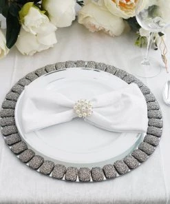 HIER_4710 2 Pack | 13" Silver Glitter Jeweled Rim Glass Mirror Charger Plates
