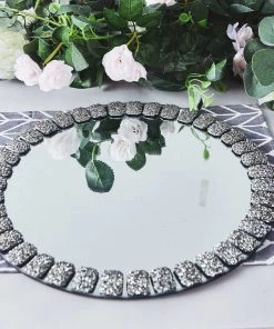HIER_4710 2 Pack | 13" Silver Glitter Jeweled Rim Glass Mirror Charger Plates