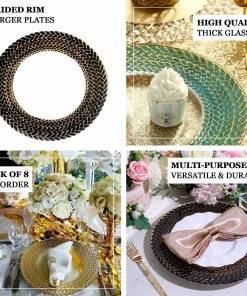 HIER_4700 8 Pack | 13" Luxurious Silver/Gold Braided Rim Glass Charger Plates, Clear Round Charger Plates Disposable Dinnerware 29 HIER_4700 8 Pack | 13