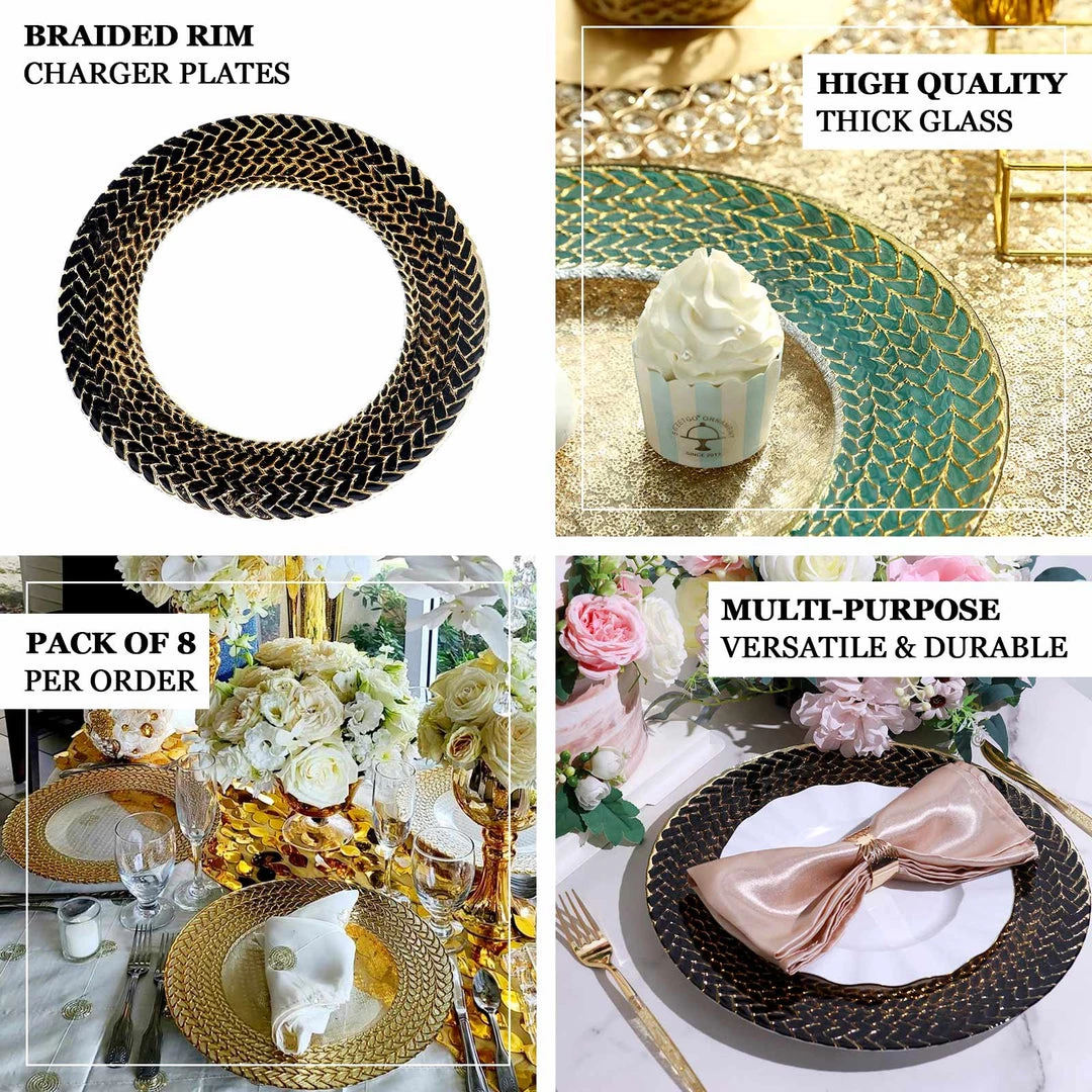 HIER_4700 8 Pack | 13" Luxurious Silver/Gold Braided Rim Glass Charger Plates, Clear Round Charger Plates Disposable Dinnerware 4 HIER_4700 8 Pack | 13" Luxurious Silver/Gold Braided Rim Glass Charger Plates, Clear Round Charger Plates Disposable Dinnerware