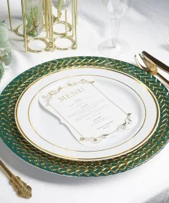 HIER_4700 8 Pack | 13" Luxurious Teal Green/Gold Braided Rim Glass Charger Plates, Clear Round Charger Plates Disposable Dinnerware