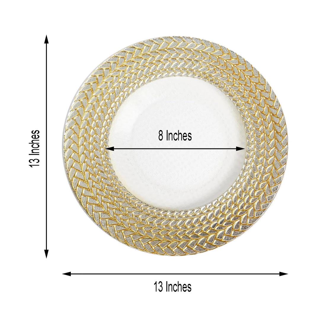 HIER_4700 8 Pack | 13" Luxurious Silver/Gold Braided Rim Glass Charger Plates, Clear Round Charger Plates Disposable Dinnerware 3 HIER_4700 8 Pack | 13" Luxurious Silver/Gold Braided Rim Glass Charger Plates, Clear Round Charger Plates Disposable Dinnerware